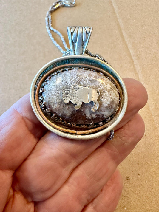 Handmade buffalo  moss agate bi-metal necklace