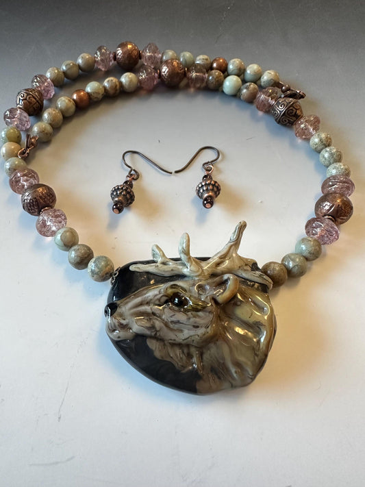 Bull Elk lampwork glass necklace, agate and copper accents, statement necklace