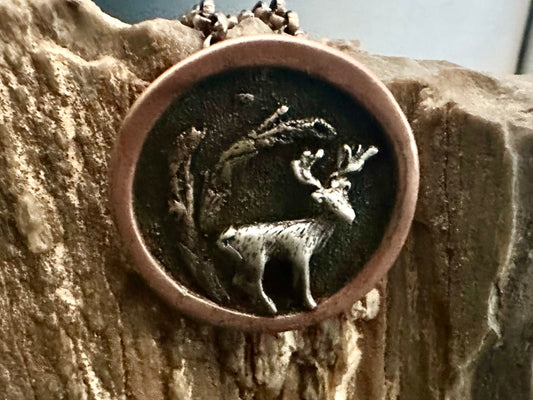 Handmade deer in woods tri metal necklace