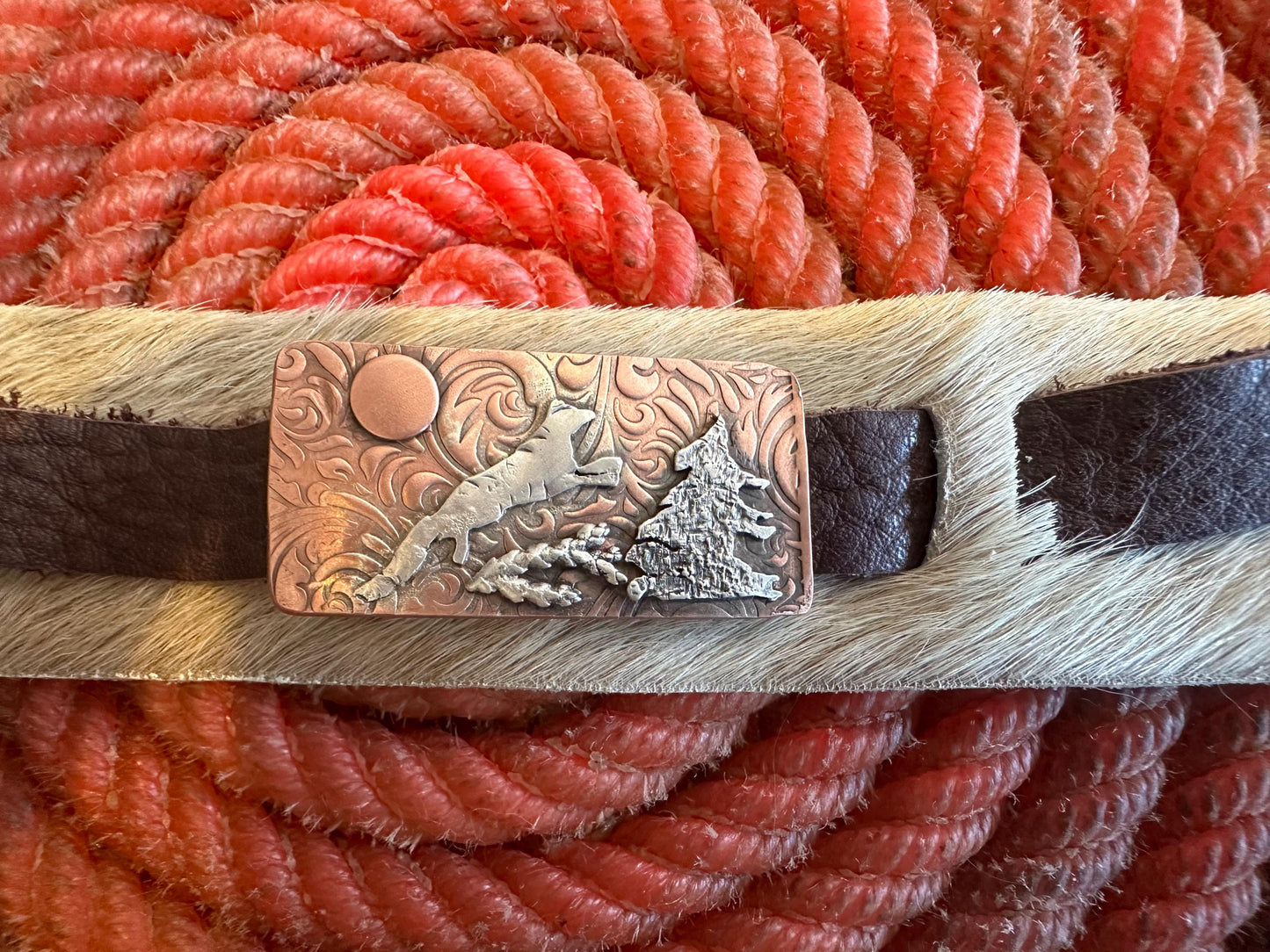 Wide rustic leaping fox in woods bi-metal cuff,  old west, handcrafted metalwork, western style closure
