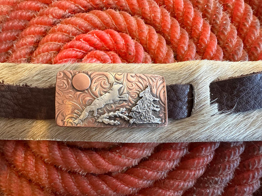 Wide rustic leaping fox in woods bi-metal cuff,  old west, handcrafted metalwork, western style closure