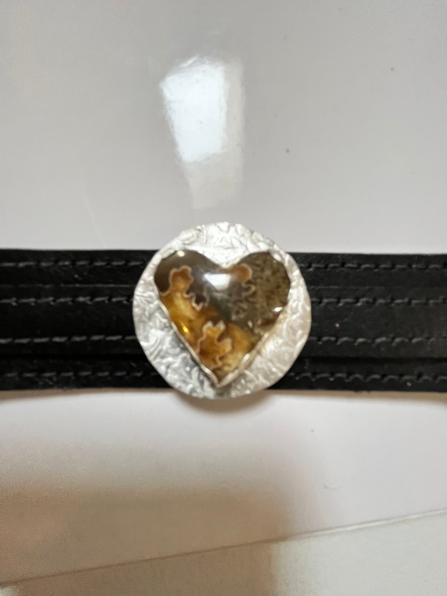 Leather bracelet, suture ammonite, stone heart, hearts and leather, OOAK, statement bracelet