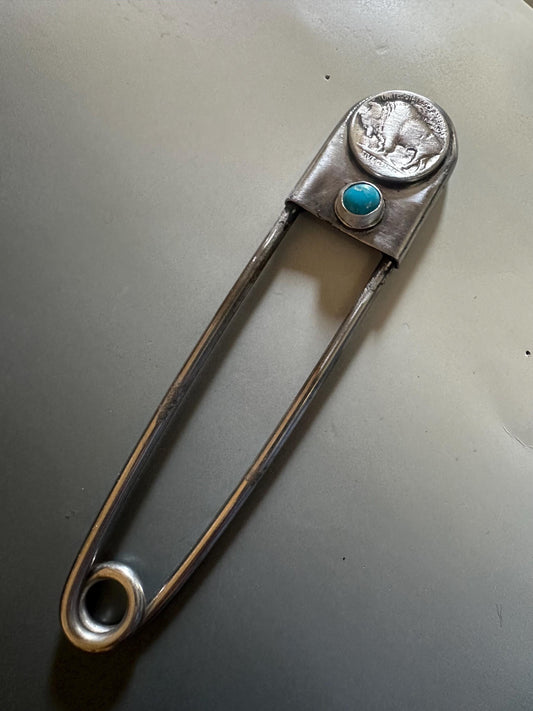 Decorative Jumbo turquoise safety pin , shawl pin, sweater pin, belt pin, buffal nickel and turquoise