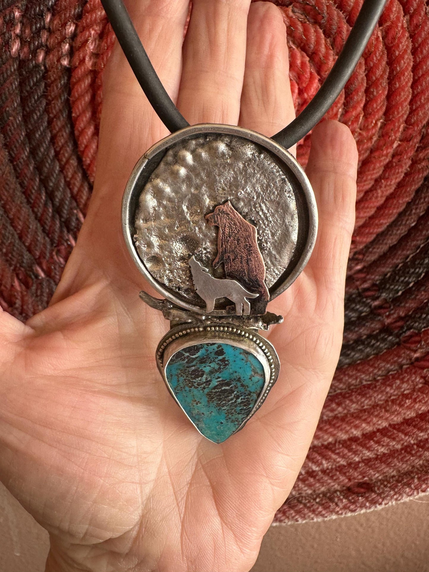 Bear and Wolf and turquoise medallion, hand forged sterling, spirit animals, totem