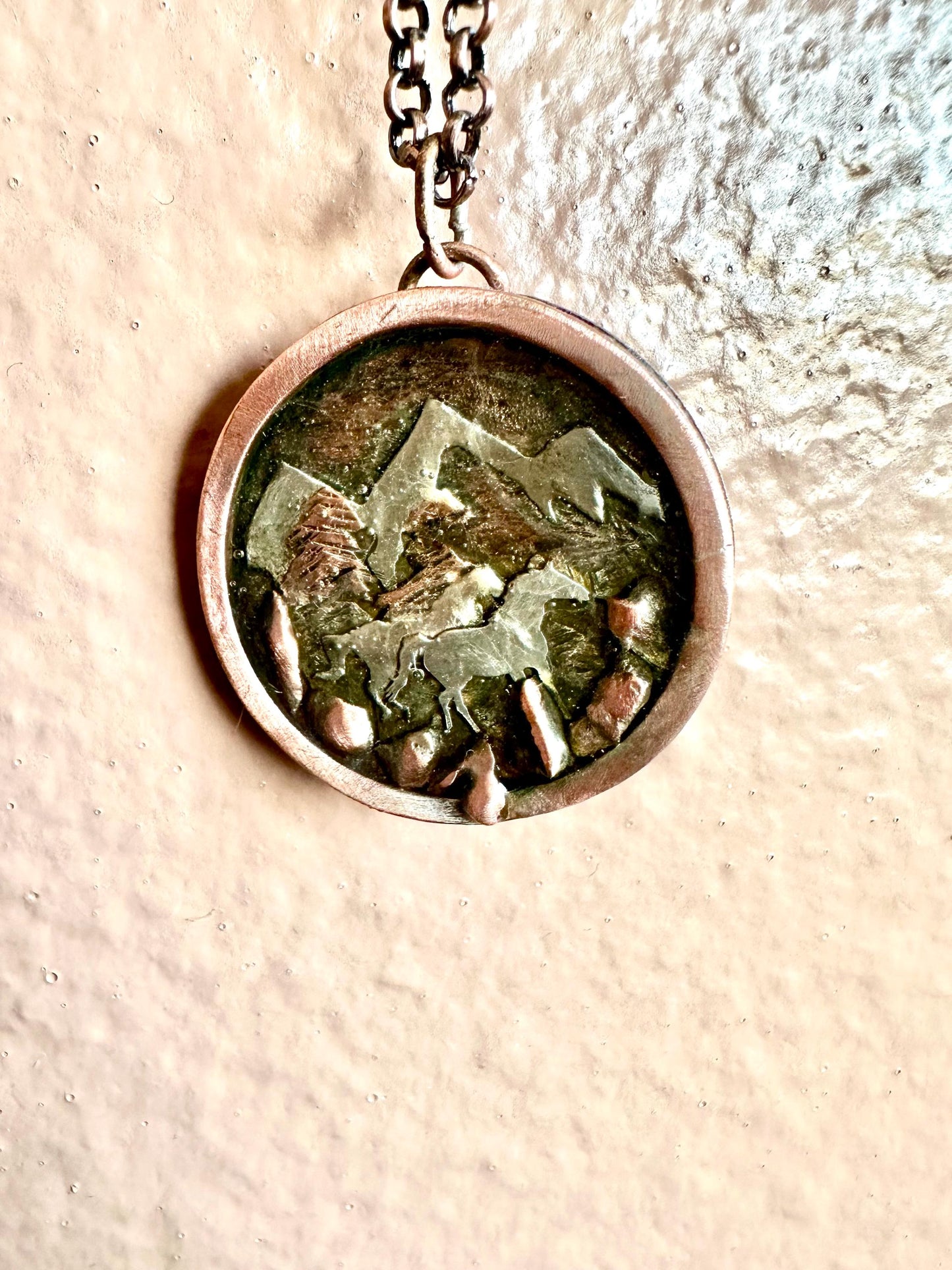 Handmade running horses in mountains bi- metal necklace