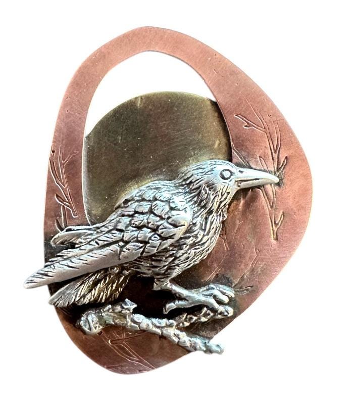 Raven  pin, mixed metal brooch, raven, crow