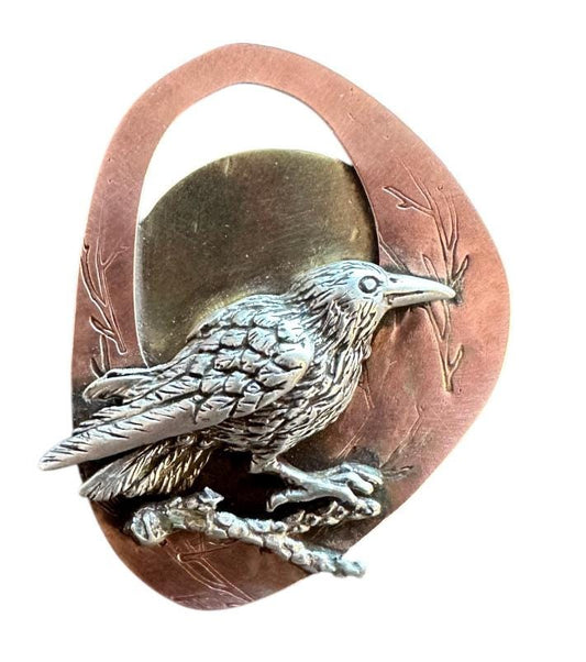 Raven  pin, mixed metal brooch, raven, crow