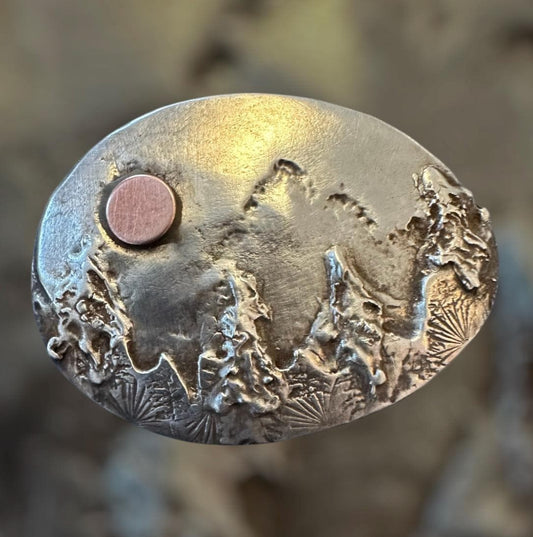 Mountain landscape pin, mixed metal brooch, artisan sterling silver pin, wilderness , artisan broach
