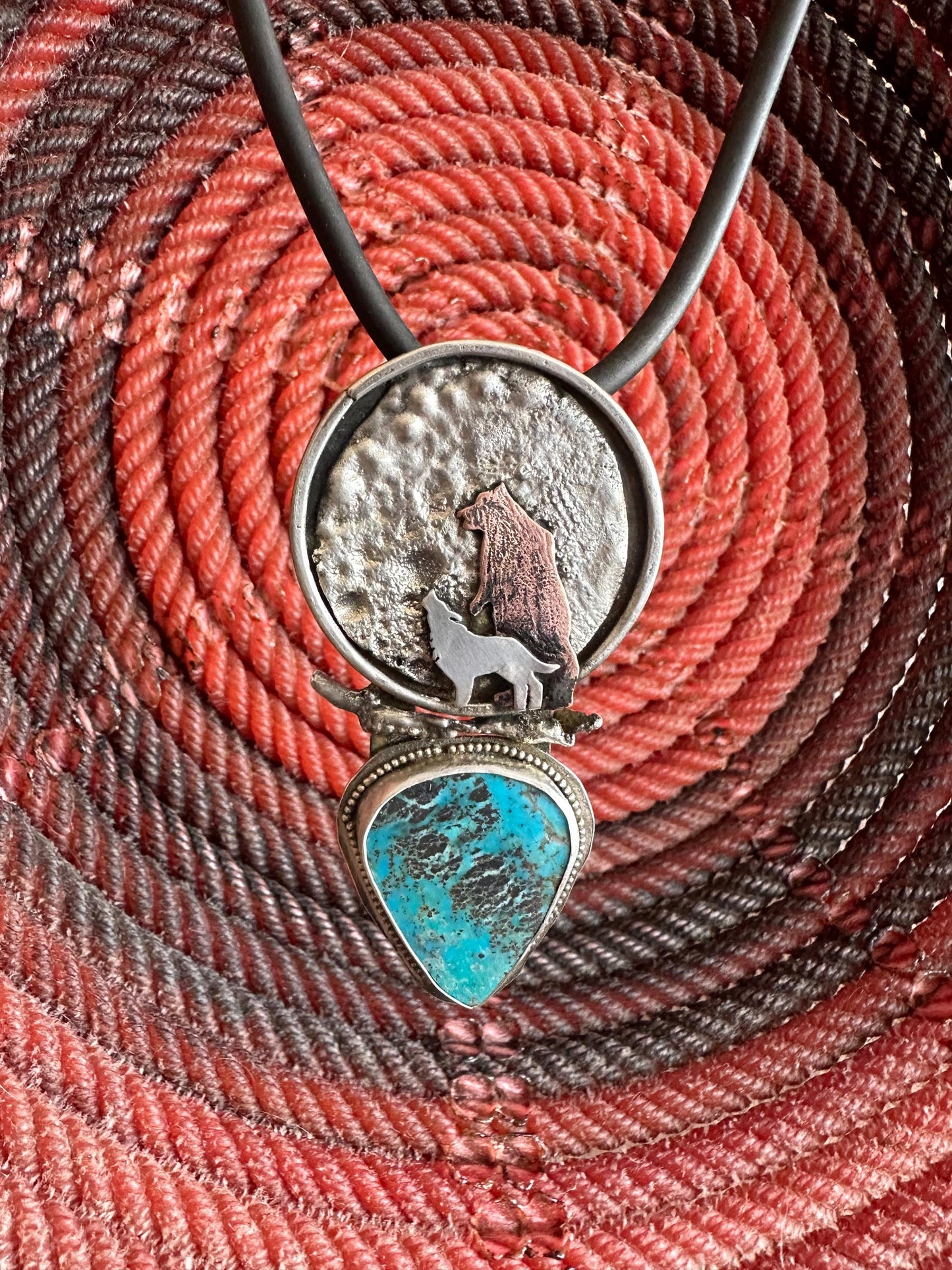 Bear and Wolf and turquoise medallion, hand forged sterling, spirit animals, totem
