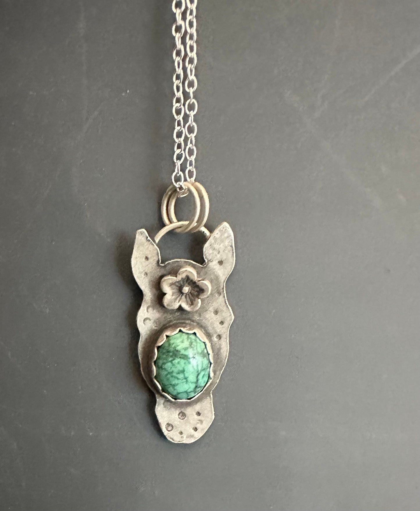 Horse head pendant, hand forged with turquoise