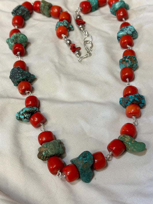 Statement  Turquoise and coral necklace, vintage turquoise,vintage coral