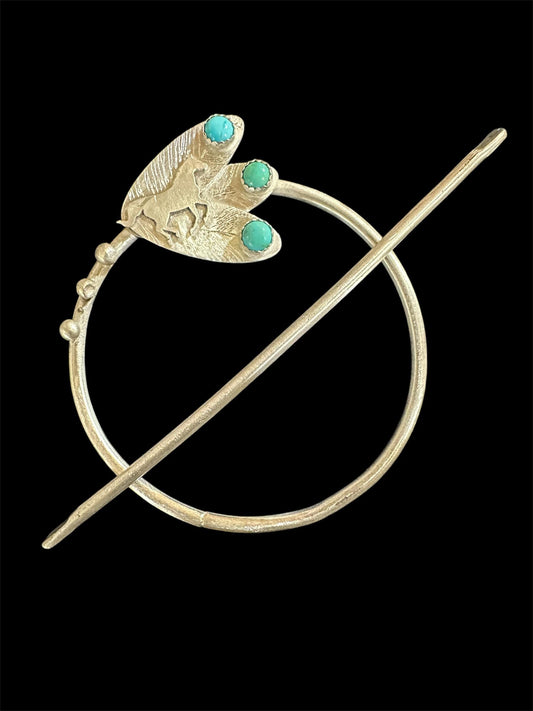 Western minimalist silver hair pin, turquoises, horse hair accessories, sterling silver hair slide, open circle silver barrette