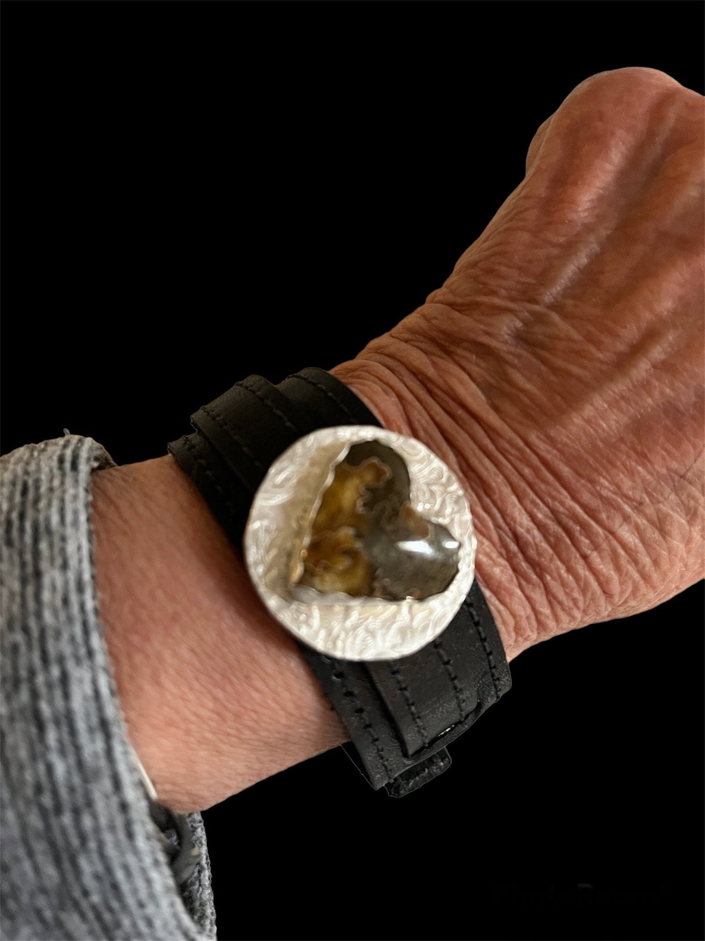 Leather bracelet, suture ammonite, stone heart, hearts and leather, OOAK, statement bracelet