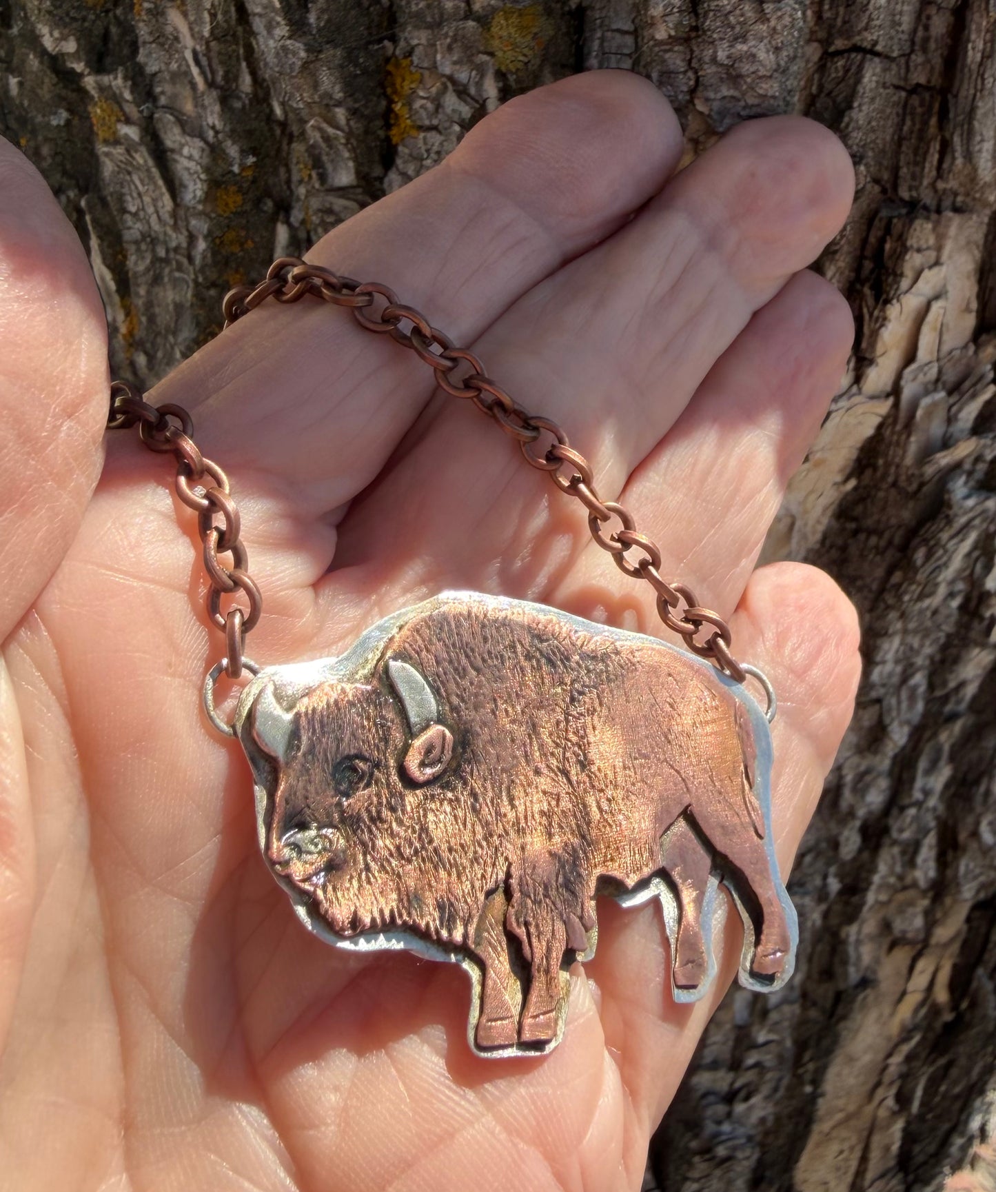 Sterling Silver & Copper Bison Necklace — Handcrafted Western Heirloom