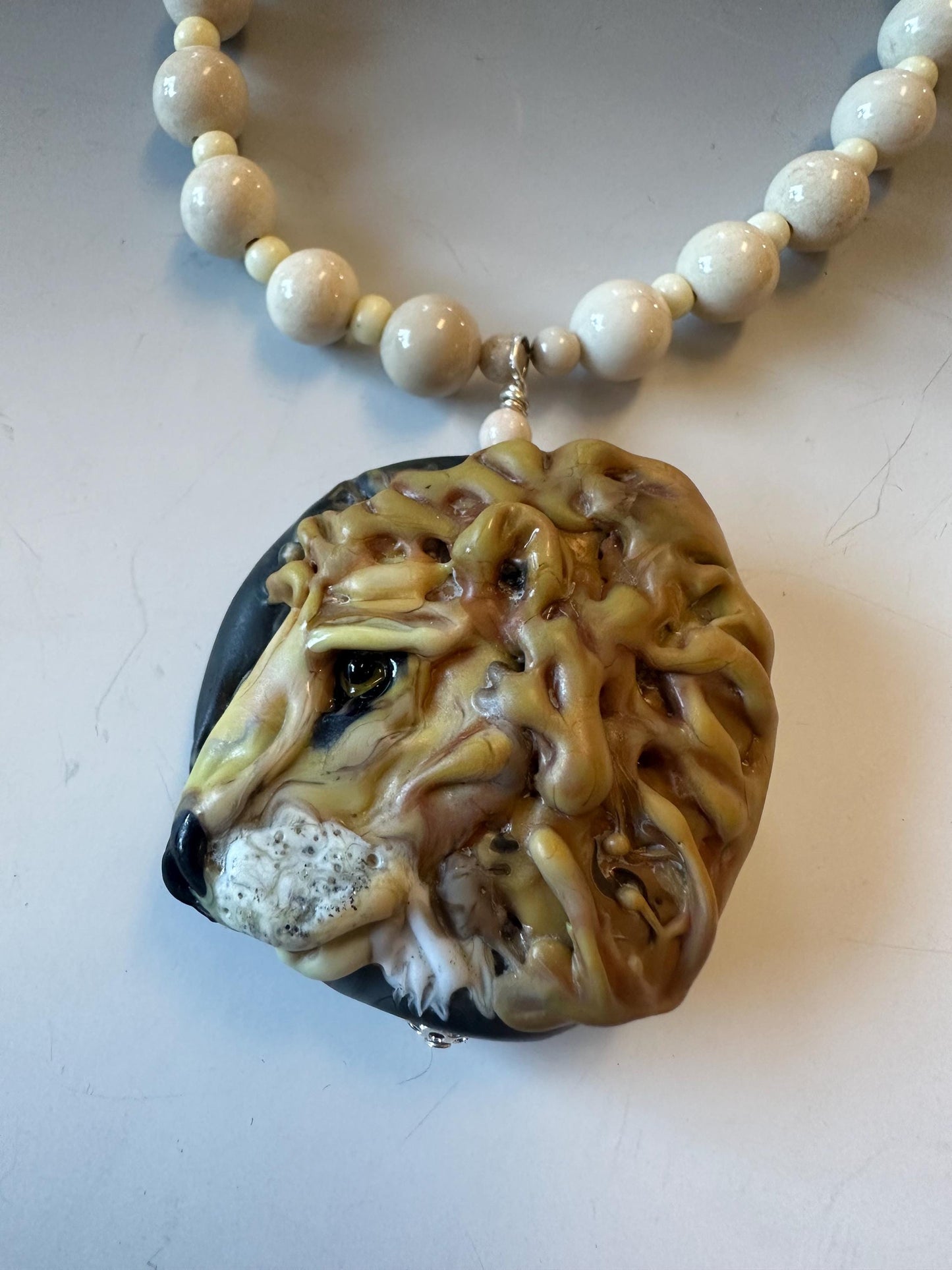 Lion necklace, glasswork, lampwork glass animals, statement necklace, artisan glass work,