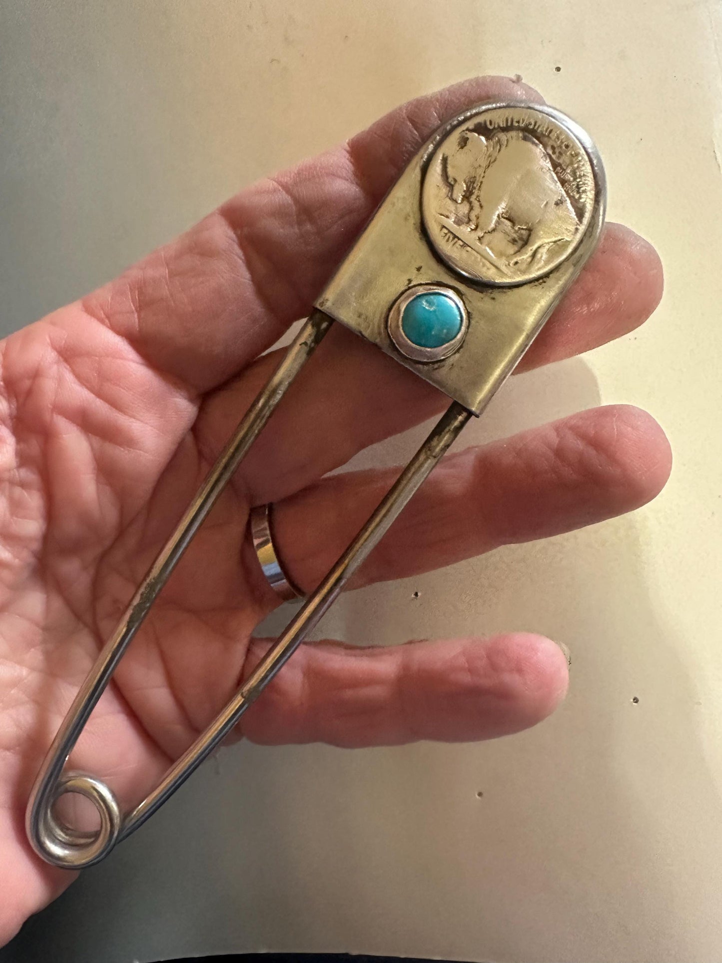 Decorative Jumbo turquoise safety pin , shawl pin, sweater pin, belt pin, buffal nickel and turquoise