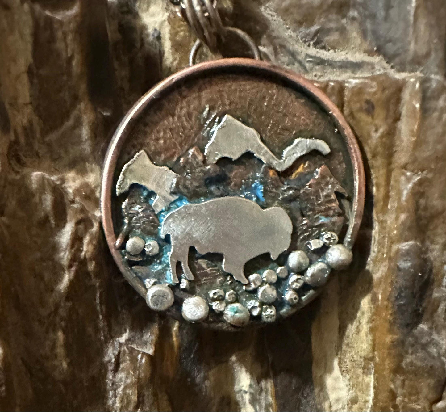 Handmade buffalo in mountains tri metal necklace