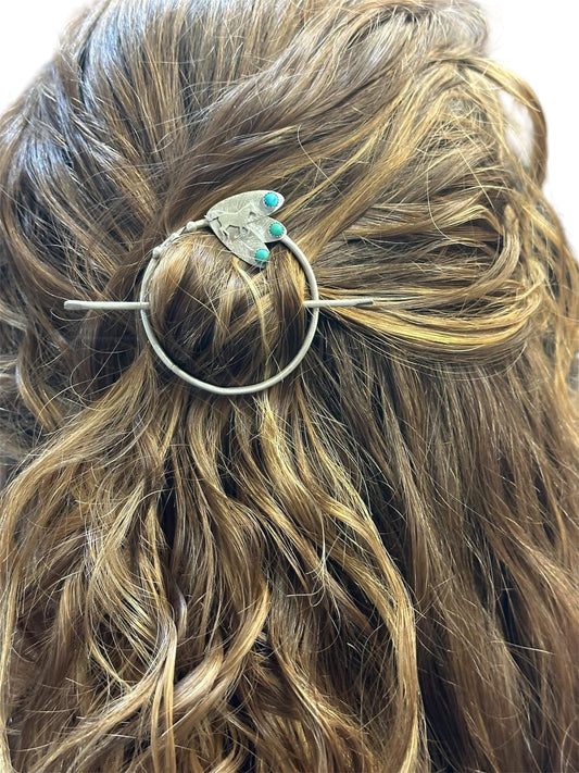 Western minimalist silver hair pin, turquoises, horse hair accessories, sterling silver hair slide, open circle silver barrette