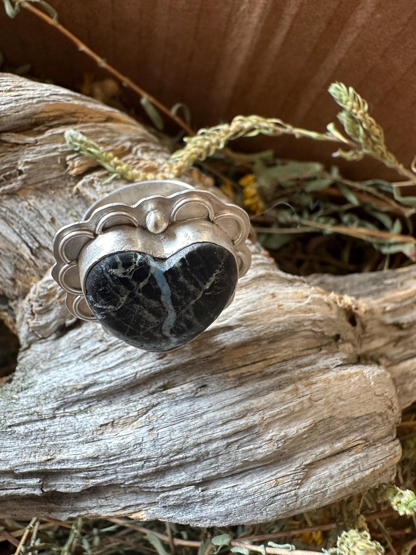 Artisan Heart Black Jack Turquoise Sterling silver ring. hand forged, hand made, size 10