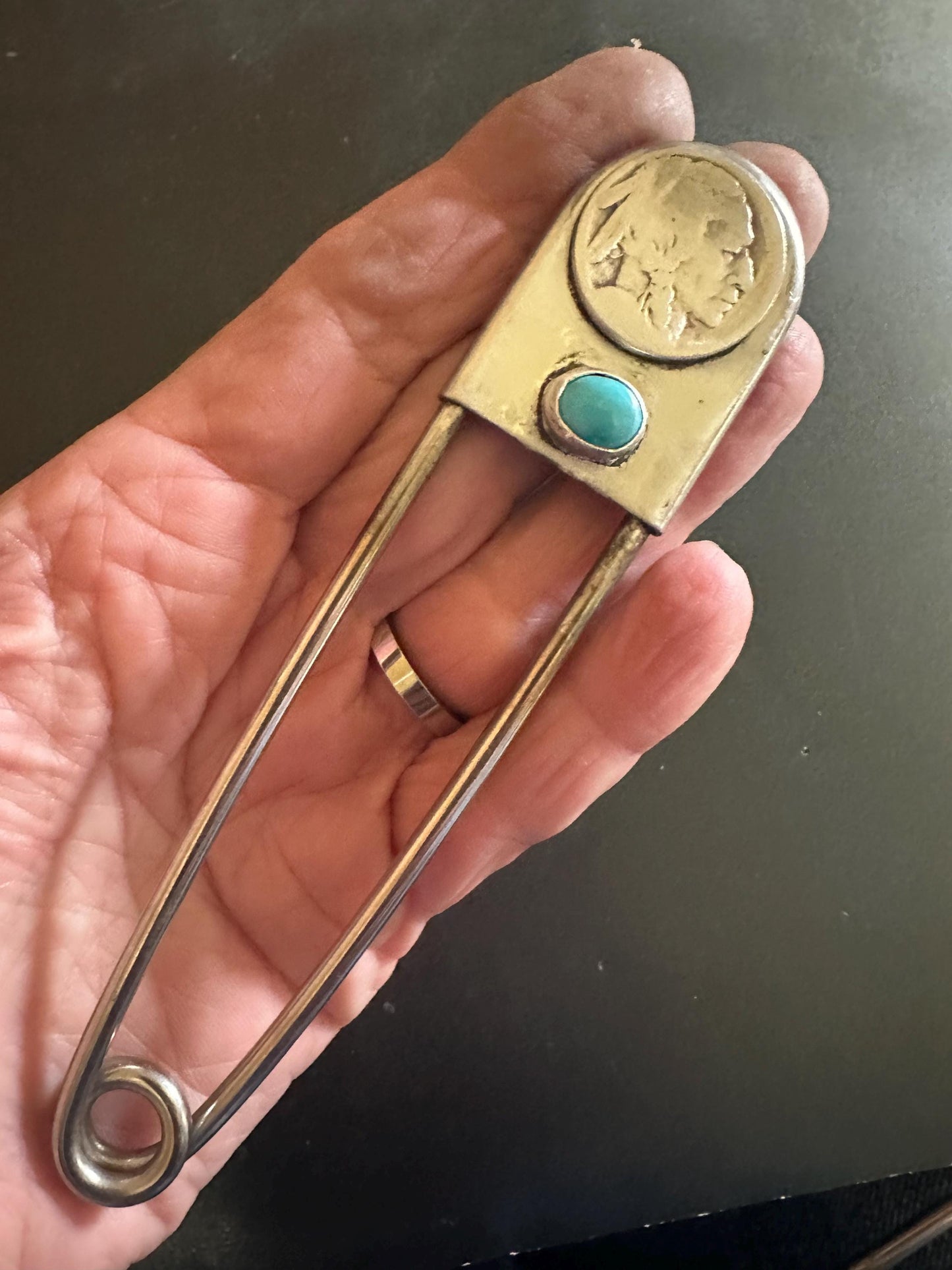 Decorative Jumbo turquoise safety pin , shawl pin, safety pin jewelry, safety pin brooch,hat pin, safety pin, Indian head nickel
