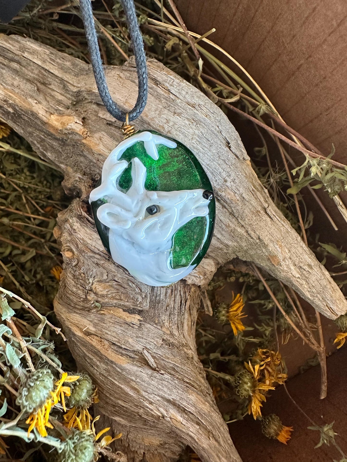 Albino buck deer lampwork glass necklace