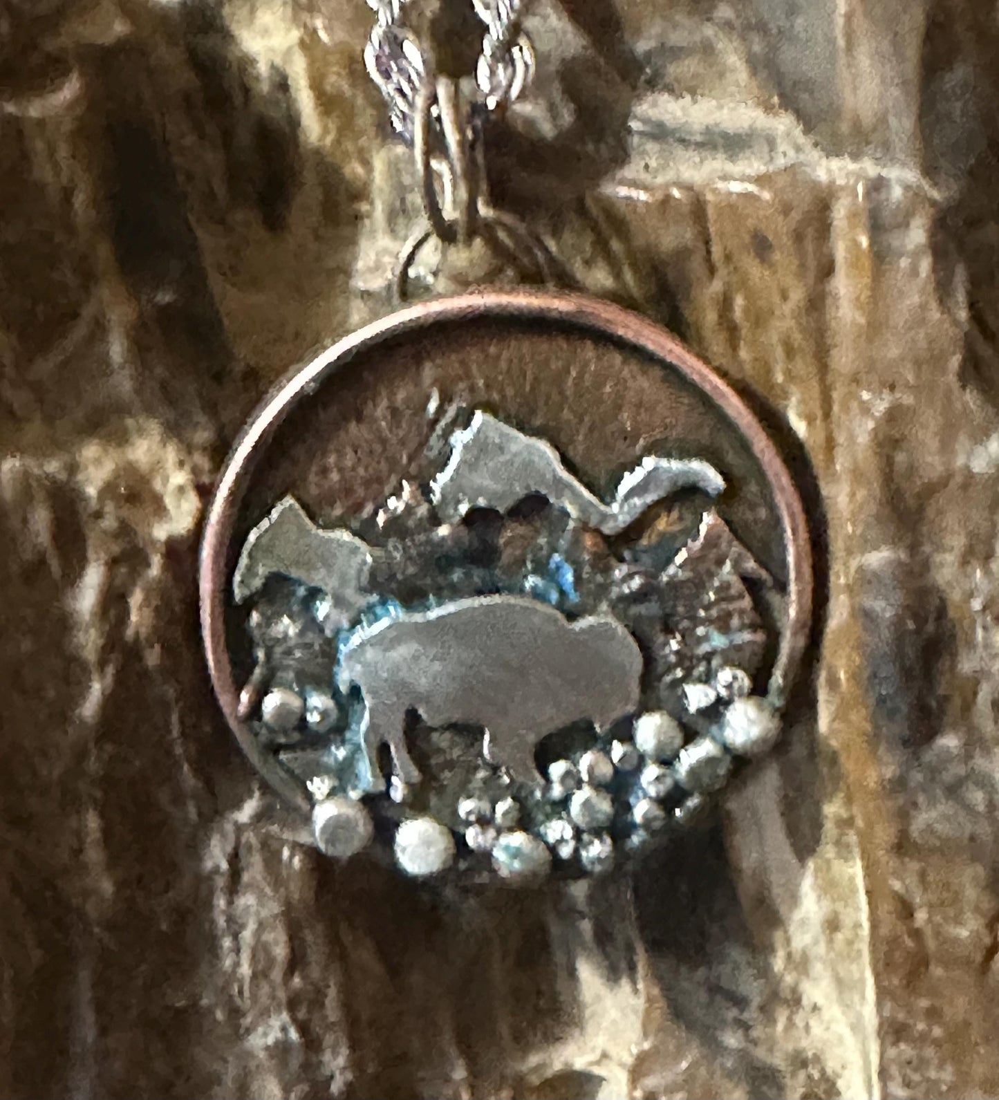 Handmade buffalo in mountains tri metal necklace