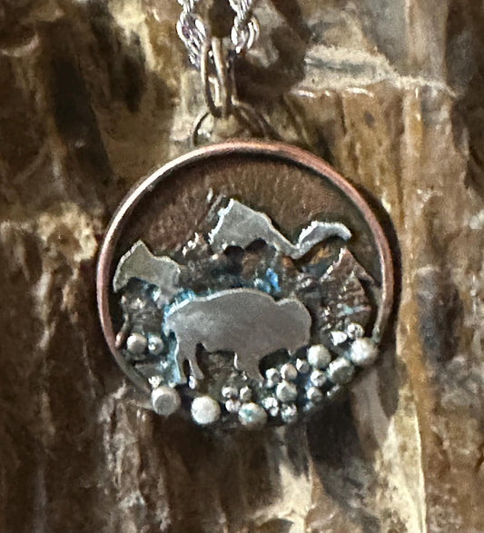 Handmade buffalo in mountains tri metal necklace
