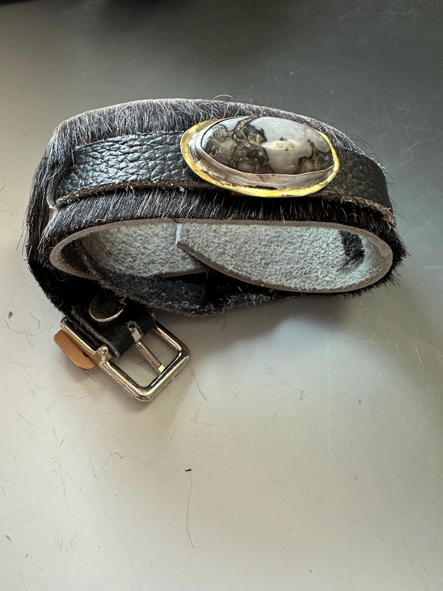 Leather bracelet, dendrite agate and leather, hide on leather,OOAK, statement bracelet
