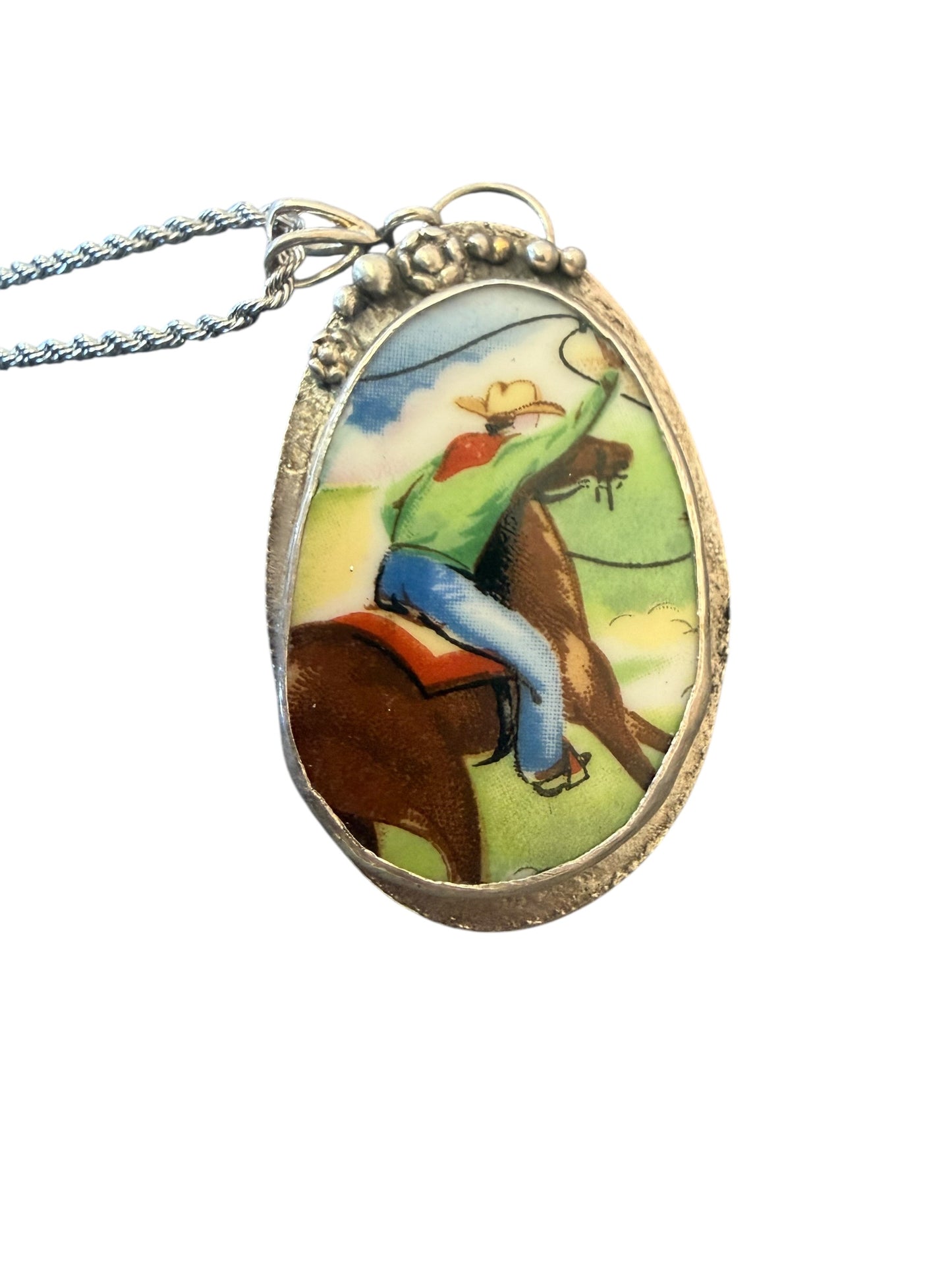 Ceramic Cowboy Pendant – reclaimed Kennedy Half Dollar Setting
