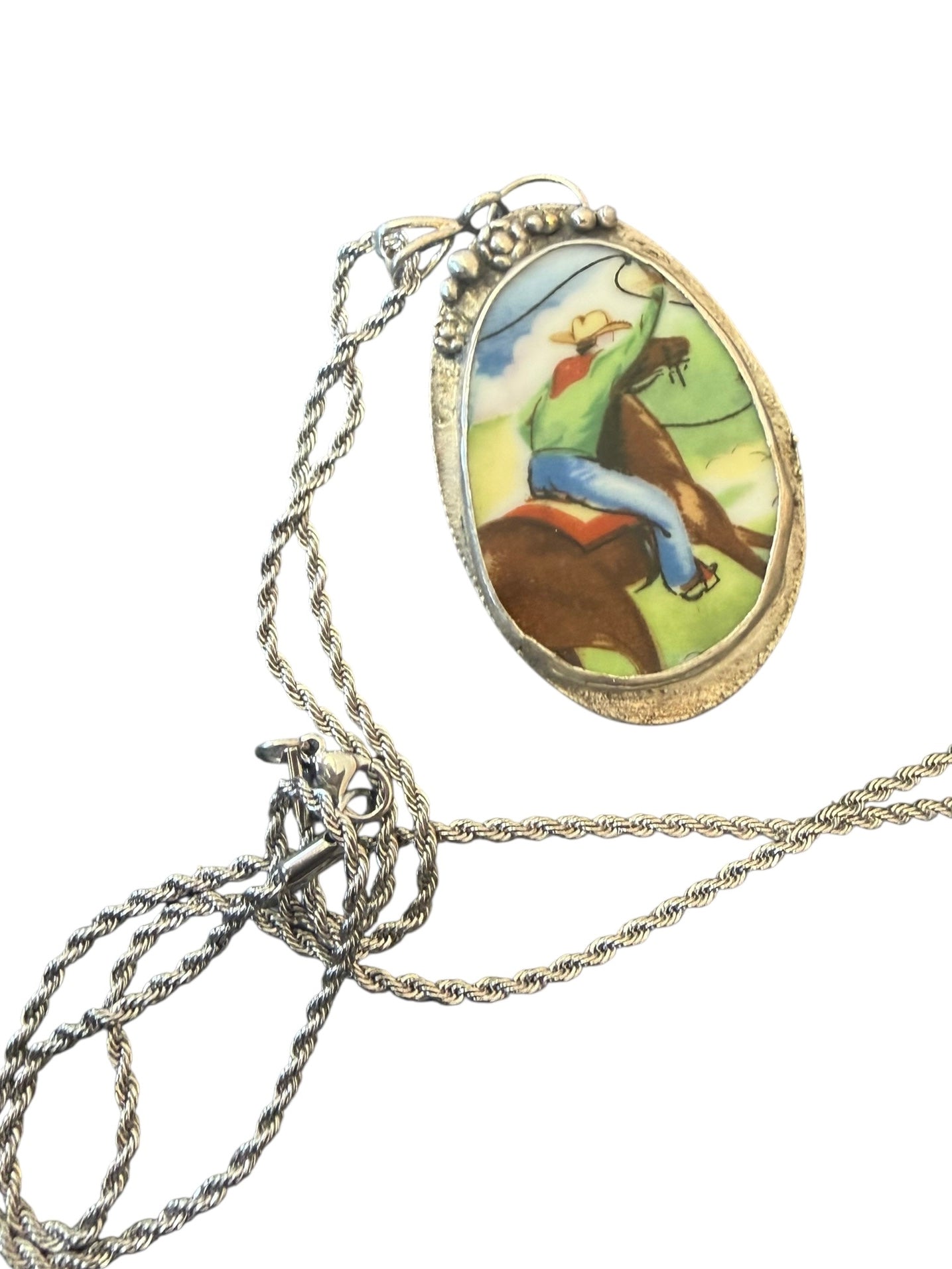 Ceramic Cowboy Pendant – reclaimed Kennedy Half Dollar Setting