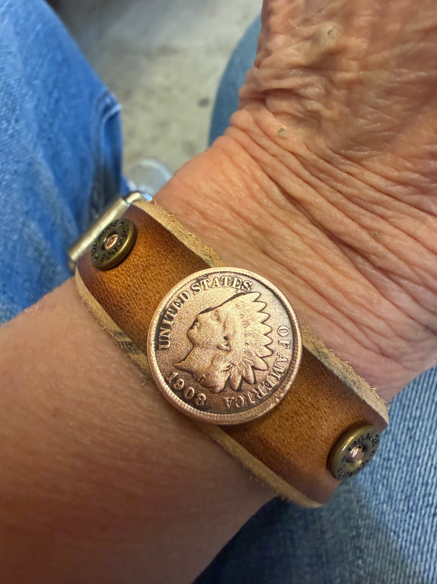 Handcrafted Indian Head Penny Leather Bracelet (1907)