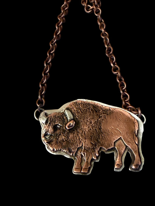 Sterling Silver & Copper Bison Necklace — Handcrafted Western Heirloom