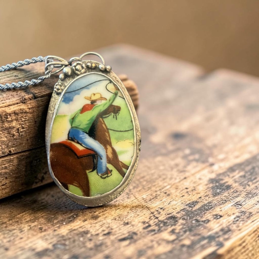 Ceramic Cowboy Pendant – reclaimed Kennedy Half Dollar Setting