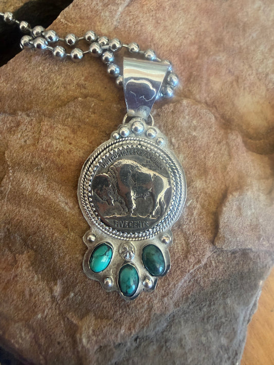 Buffalo Nickel & Kingman Turquoise Pendant Necklace