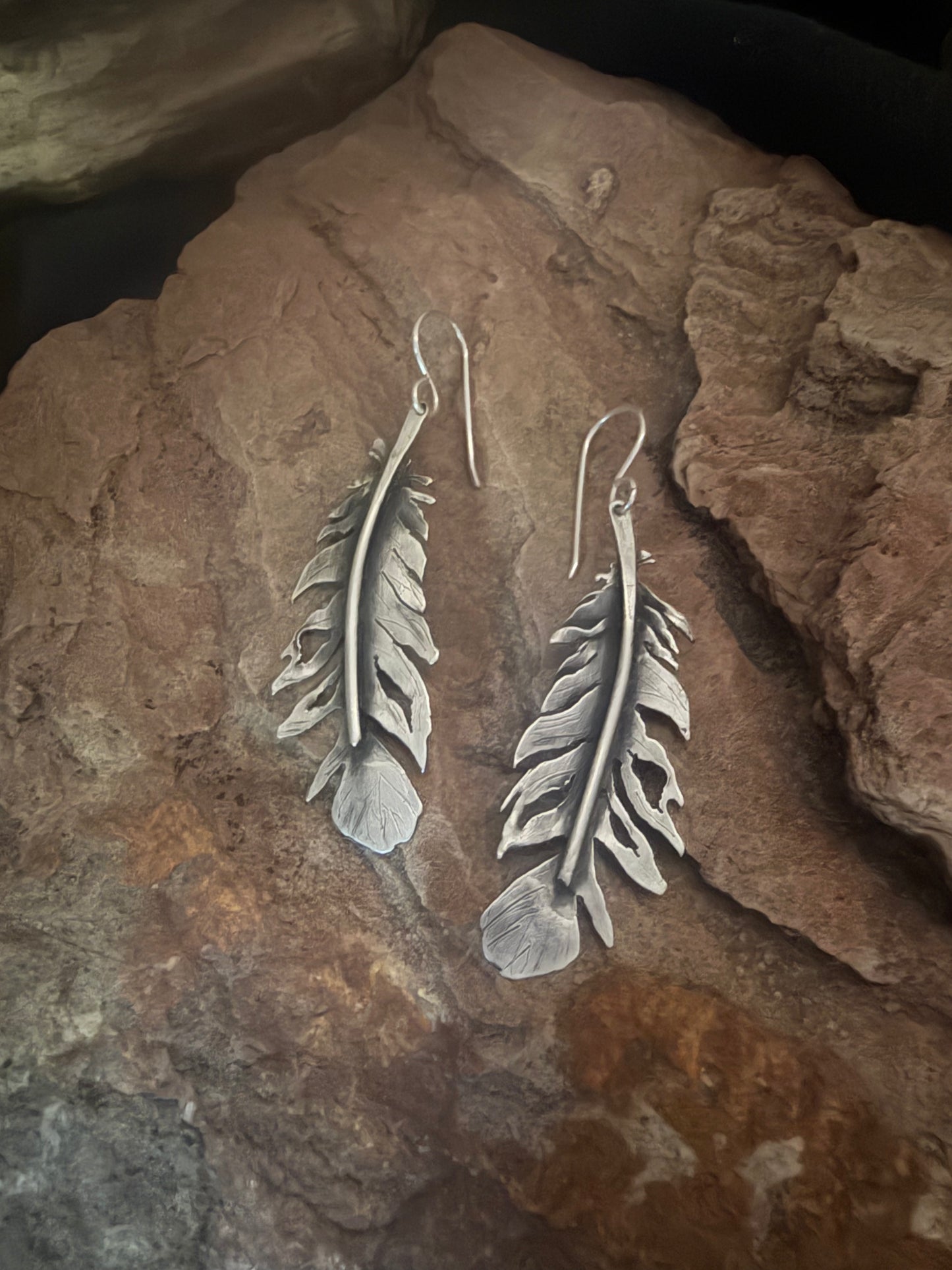 Handmade Silver Feather Earrings Spiritual Boho Jewelry with Matte Patina