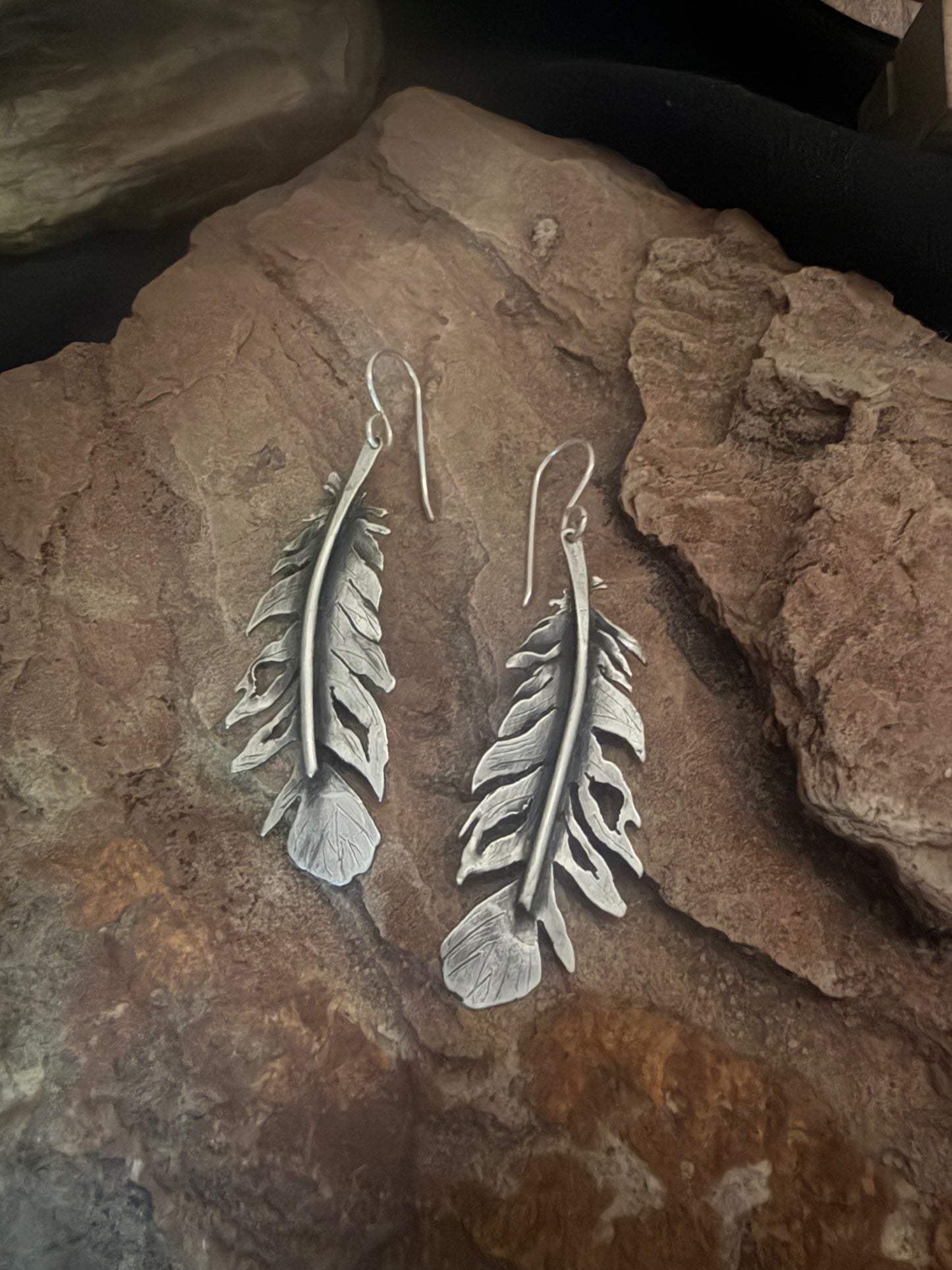 Handmade Silver Feather Earrings Spiritual Boho Jewelry with Matte Patina