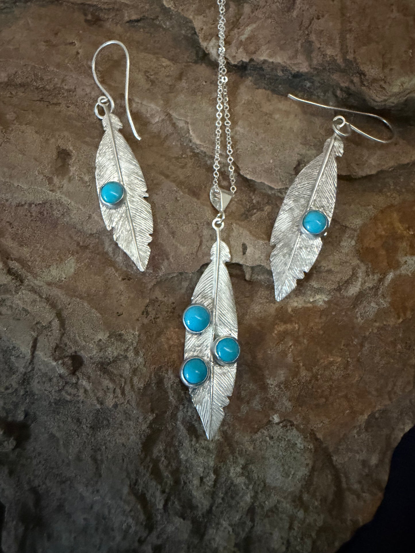 Sleeping Beauty Turquoise Jewelry Set,Sterling Silver Feather Pendant & Earrings,Handmade Southwestern Jewelry,Artisan Jewelry