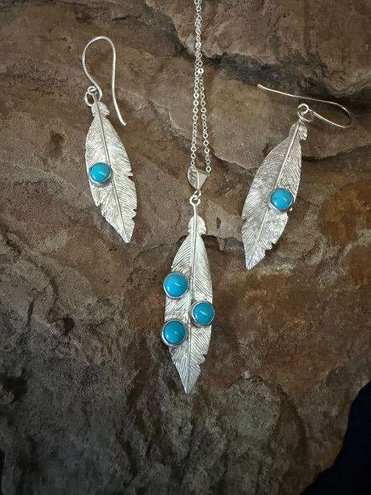 Sleeping Beauty Turquoise Jewelry Set,Sterling Silver Feather Pendant & Earrings,Handmade Southwestern Jewelry,Artisan Jewelry