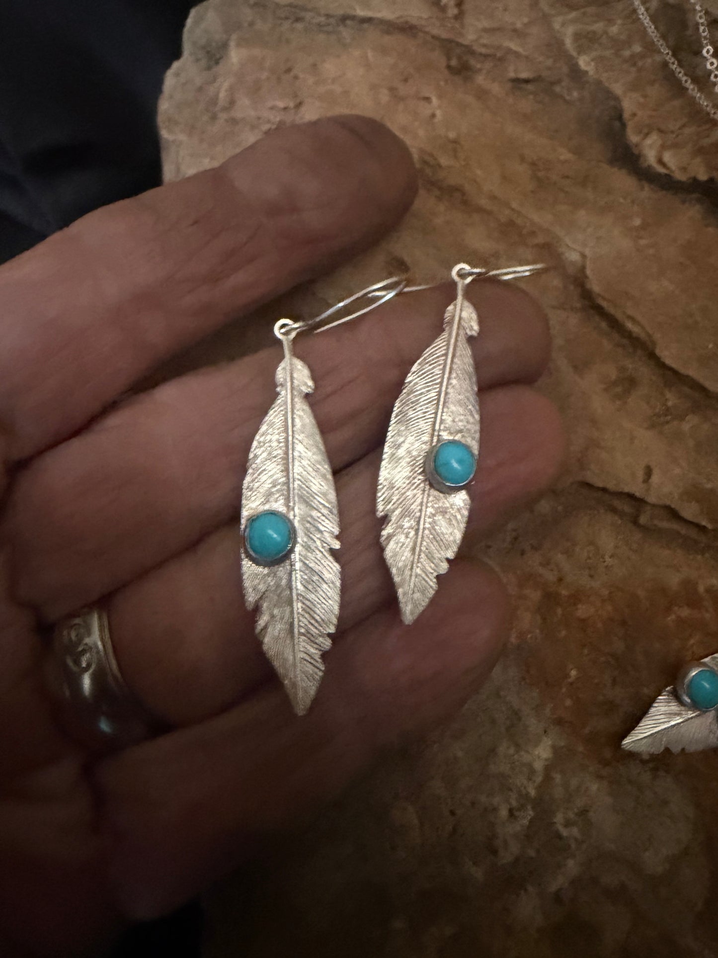 Sleeping Beauty Turquoise Jewelry Set,Sterling Silver Feather Pendant & Earrings,Handmade Southwestern Jewelry,Artisan Jewelry
