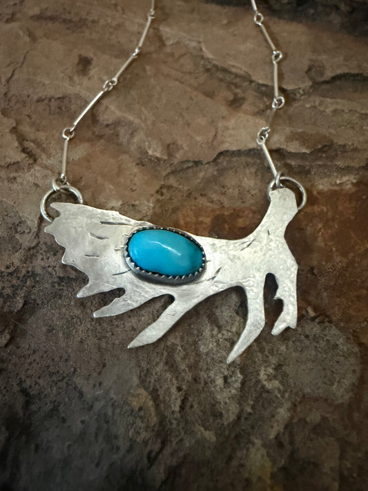 Sterling Silver Moose Antler Pendant ,Sleeping Beauty Turquoise Necklace ,Handmade Southwestern Jewelry , 20 Inch Necklace