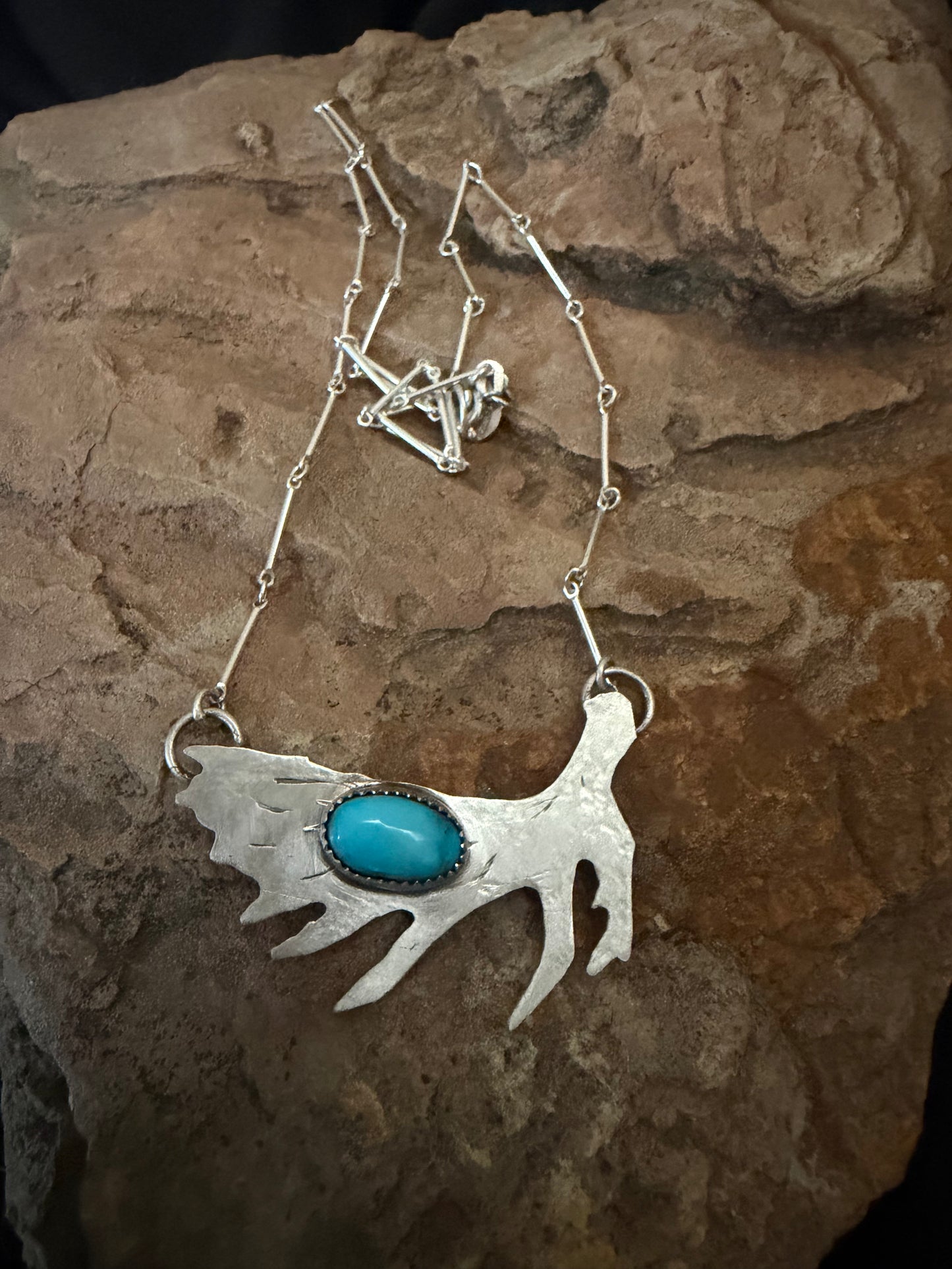 Sterling Silver Moose Antler Pendant ,Sleeping Beauty Turquoise Necklace ,Handmade Southwestern Jewelry , 20 Inch Necklace
