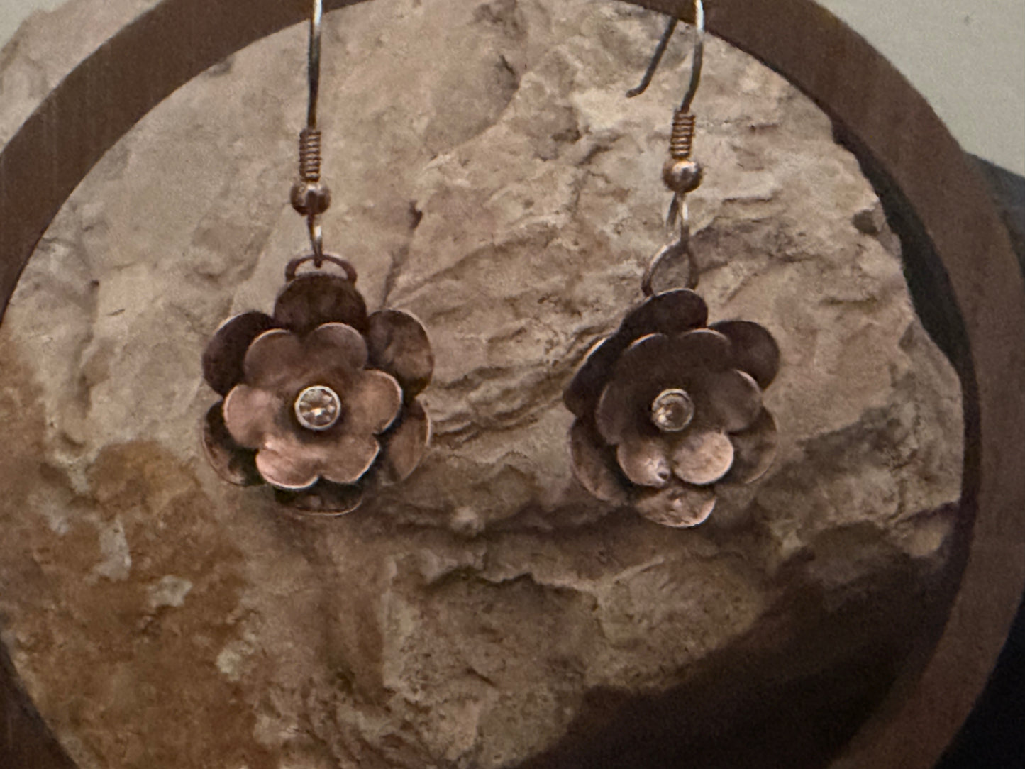 Hand Textured Copper Flower Earrings with Swarovski Crystals | 7/8” Artisan Earrings | Surgical Steel Earwires | Handmade Western Jewelry