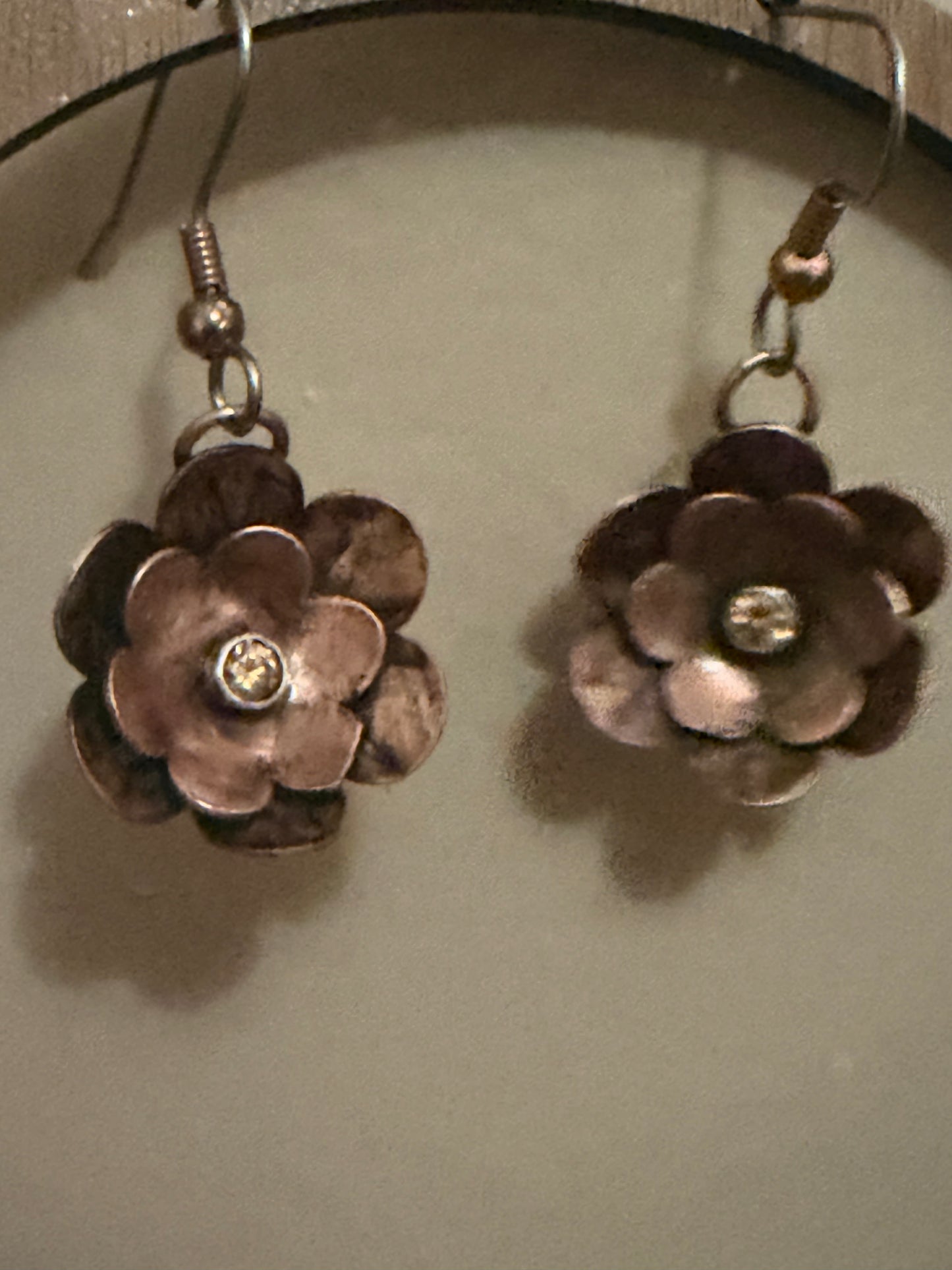 Hand Textured Copper Flower Earrings with Swarovski Crystals | 7/8” Artisan Earrings | Surgical Steel Earwires | Handmade Western Jewelry