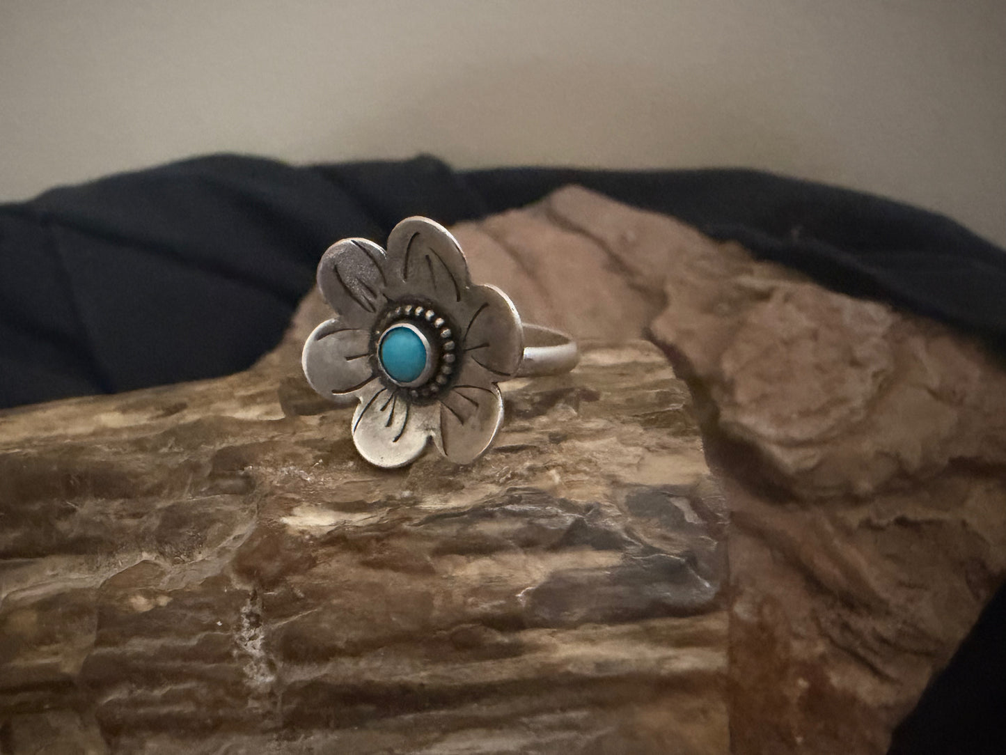 Sterling Silver Turquoise Flower Ring | Handmade Southwestern Statement Ring | Artisan Turquoise Jewelry | Western Floral Ring/8.25