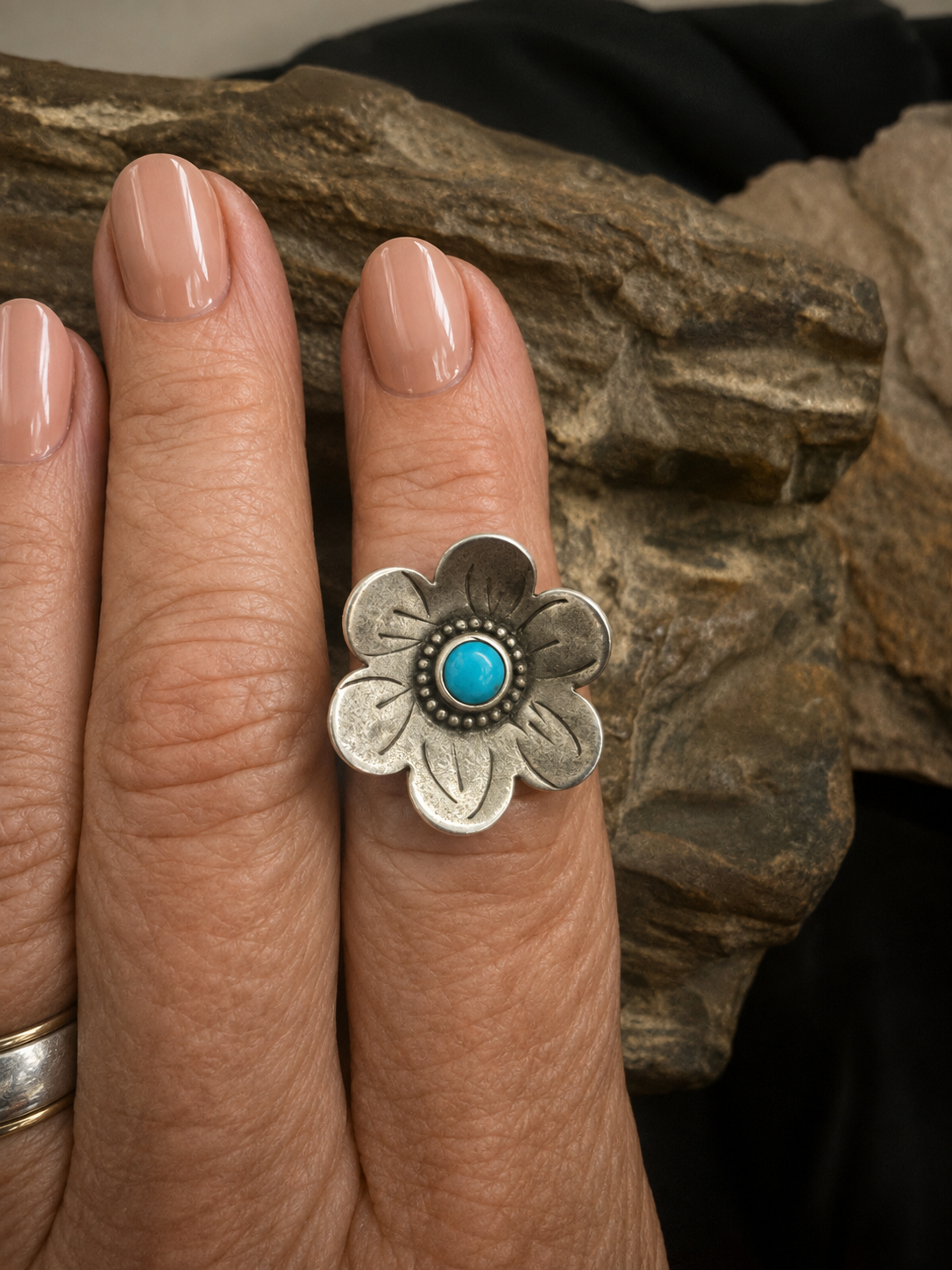 Sterling Silver Turquoise Flower Ring | Handmade Southwestern Statement Ring | Artisan Turquoise Jewelry | Western Floral Ring/8.25