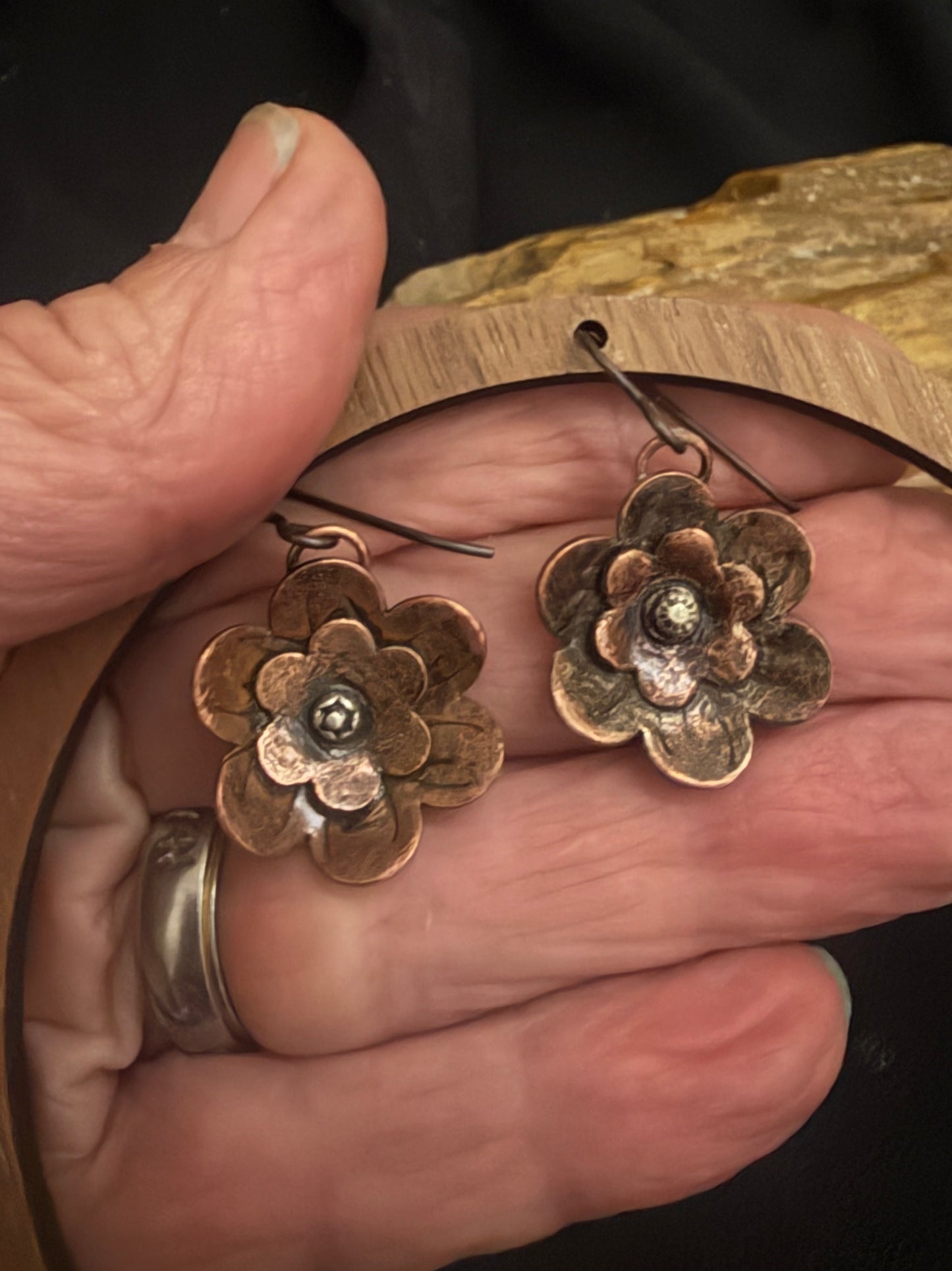 Hand Textured Copper Flower Earrings with Sterling silver stamping | 7/8” Artisan Earrings | niobium earwires | Handmade Western Jewelry (Copy)