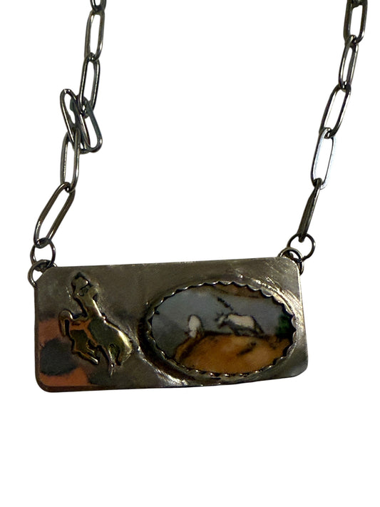 Bucking Horse with vintage ceramic plate cabachon