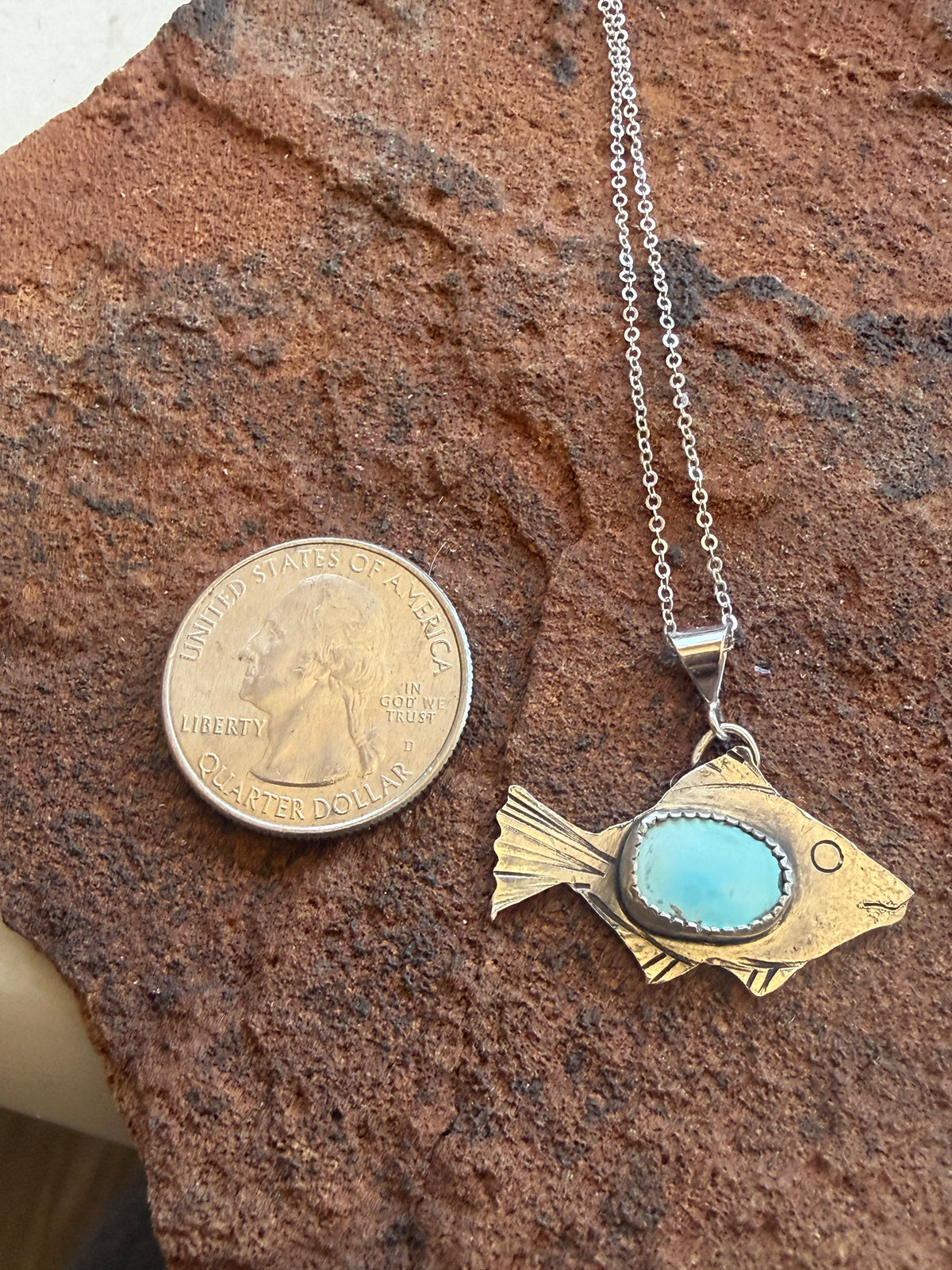 Golden Hills Turquoise Fish Pendant — Hand-Forged Sterling Silver