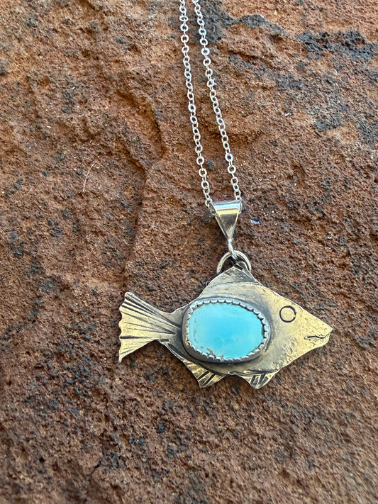 Golden Hills Turquoise Fish Pendant — Hand-Forged Sterling Silver