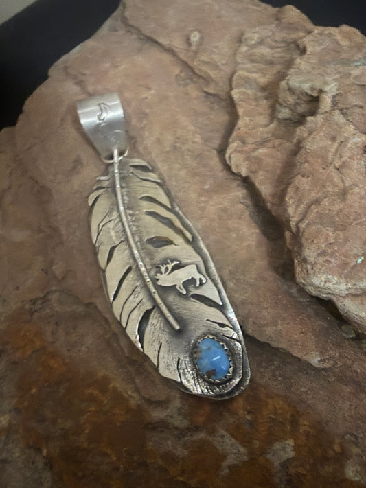 Golden Hills Turquoise elk& Feather Pendant — Handcrafted Silver